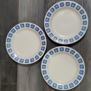 Mid Century modern atomic blue flower Set of 3 Romanian dessert plates vintage